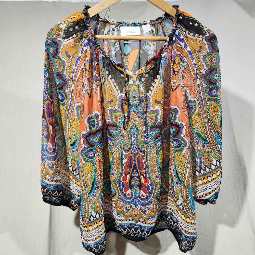 Chicos Women Size 3 Large XL Paisley Sheer Peasant Blouse Multi Color Boho Artsy